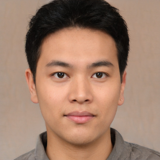 Neutral asian young-adult male with short  black hair and brown eyes