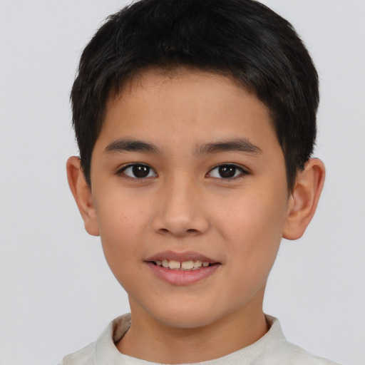 Joyful asian child male with short  brown hair and brown eyes