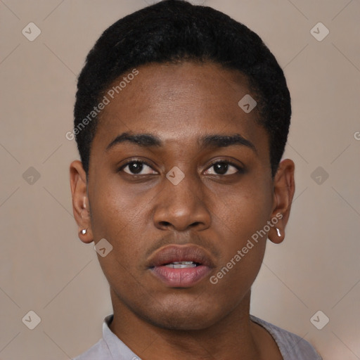 Neutral black young-adult male with short  black hair and brown eyes