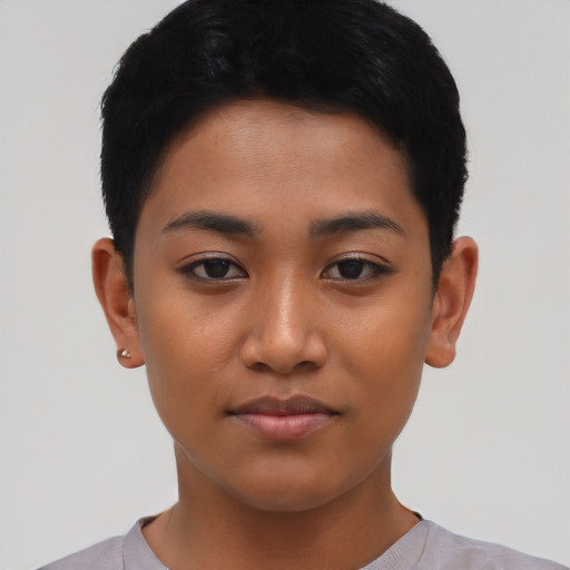 Neutral asian young-adult female with short  black hair and brown eyes