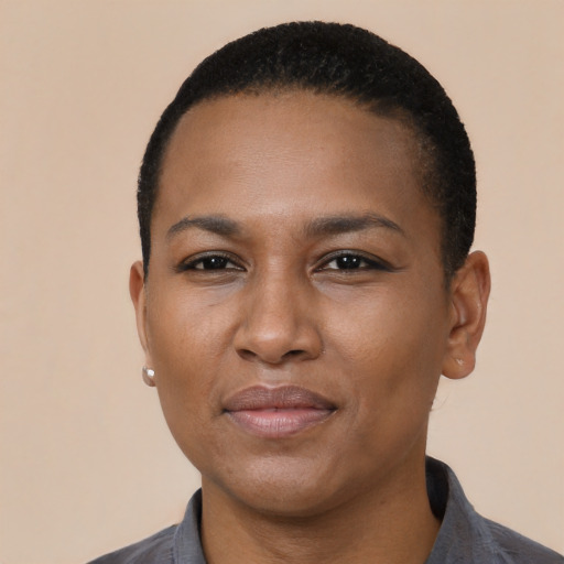 Neutral black young-adult female with short  black hair and brown eyes