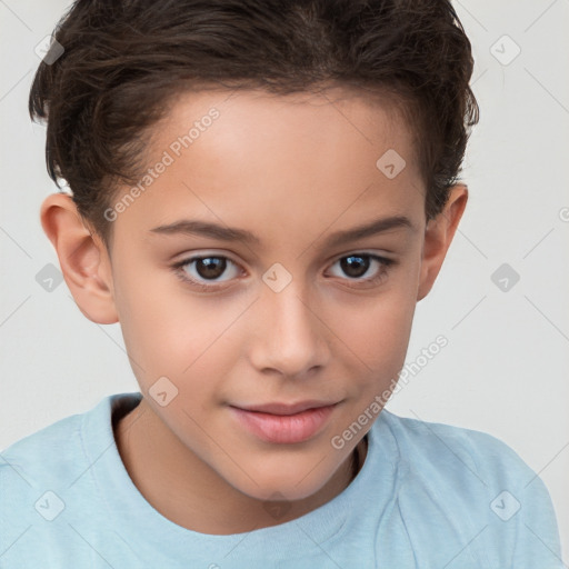 Joyful white child female with short  brown hair and brown eyes