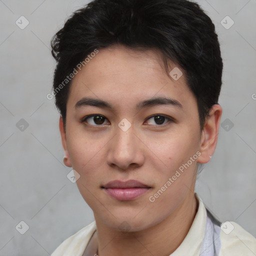 Neutral asian young-adult female with short  brown hair and brown eyes