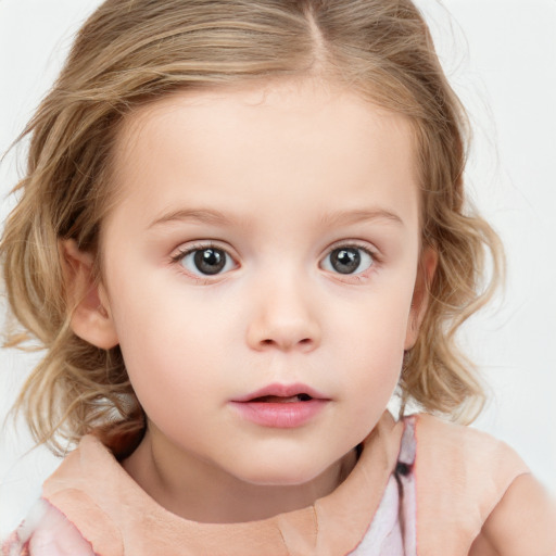 Neutral white child female with medium  brown hair and blue eyes