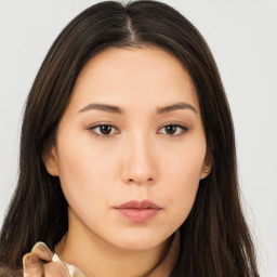 Neutral asian young-adult female with long  brown hair and brown eyes