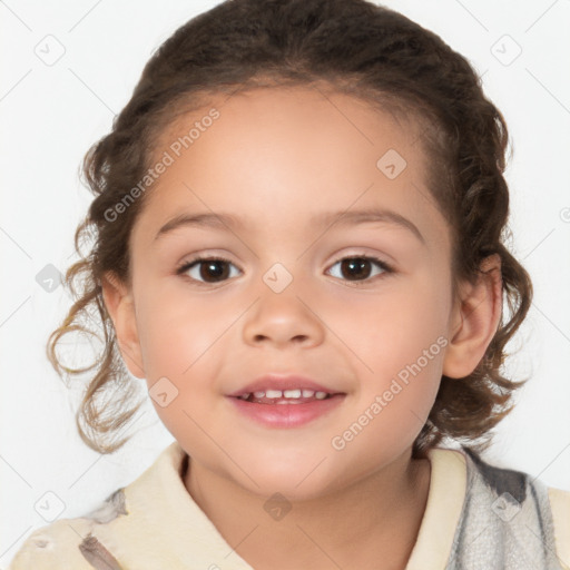 Joyful white child female with medium  brown hair and brown eyes