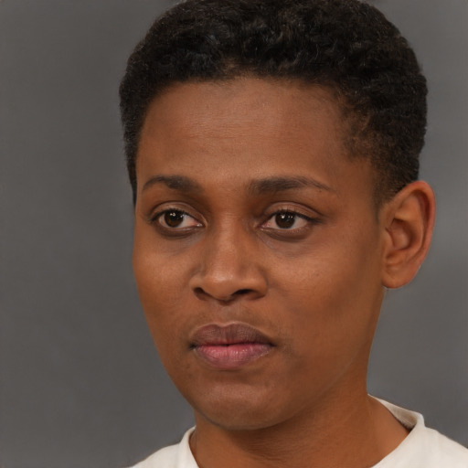 Neutral black young-adult female with short  brown hair and brown eyes