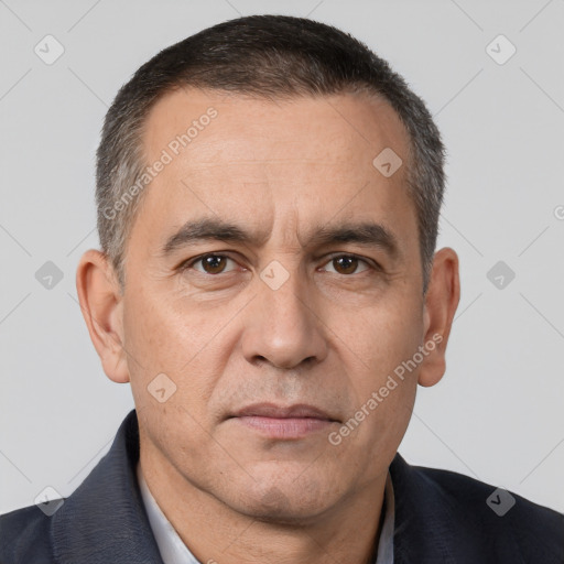 Neutral white adult male with short  brown hair and brown eyes
