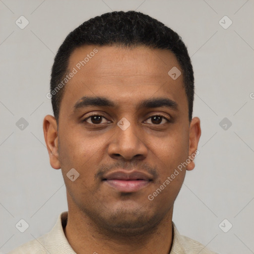 Neutral latino young-adult male with short  black hair and brown eyes