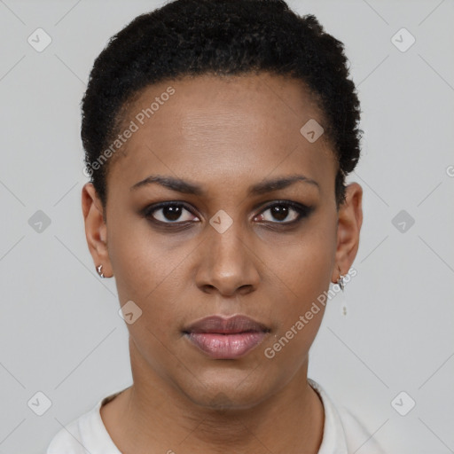 Neutral black young-adult female with short  black hair and brown eyes