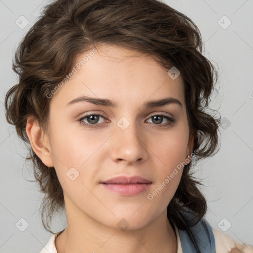 Neutral white young-adult female with medium  brown hair and brown eyes