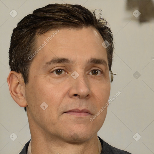 Neutral white adult male with short  brown hair and brown eyes