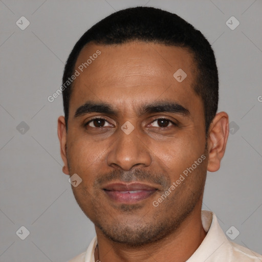 Joyful latino young-adult male with short  black hair and brown eyes