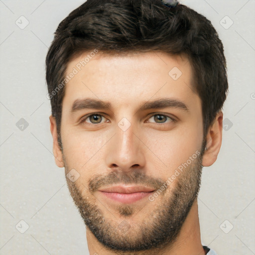 Neutral white young-adult male with short  brown hair and brown eyes