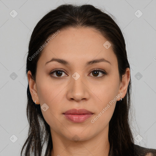 Joyful white young-adult female with long  brown hair and brown eyes