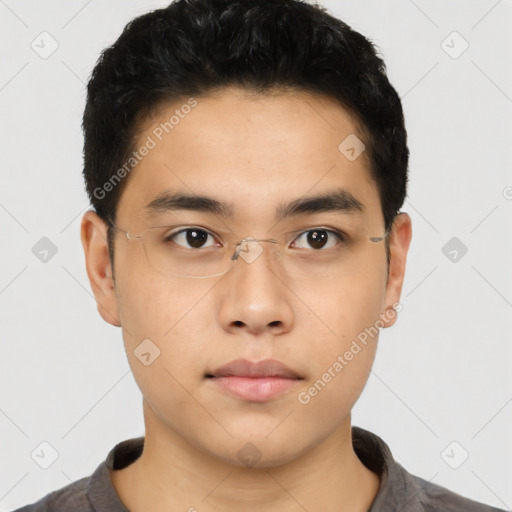 Neutral asian young-adult male with short  black hair and brown eyes