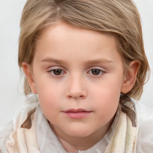 Neutral white child female with medium  brown hair and grey eyes