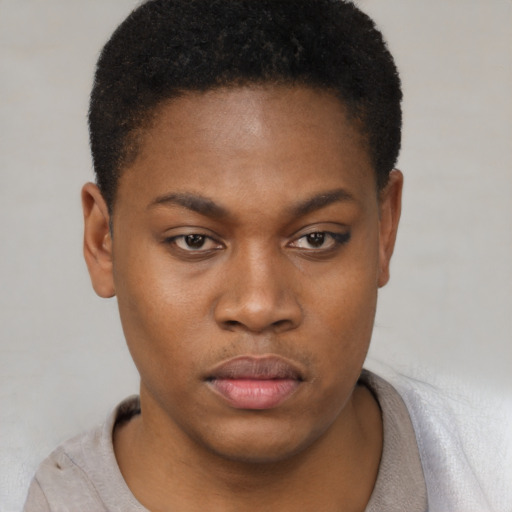 Neutral black young-adult female with short  black hair and brown eyes