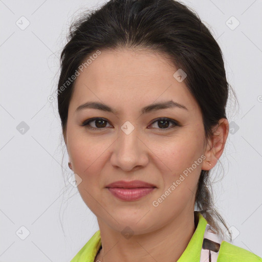 Joyful white young-adult female with medium  brown hair and brown eyes