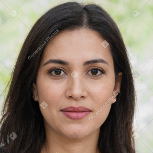 Joyful latino young-adult female with long  brown hair and brown eyes