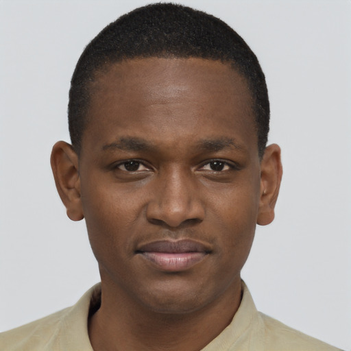 Joyful black young-adult male with short  brown hair and brown eyes