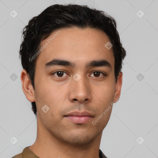 Neutral latino young-adult male with short  black hair and brown eyes