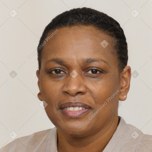Joyful black adult female with short  black hair and brown eyes