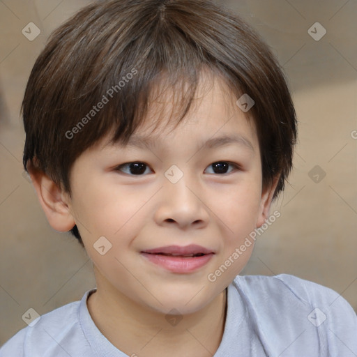 Joyful white child female with short  brown hair and brown eyes