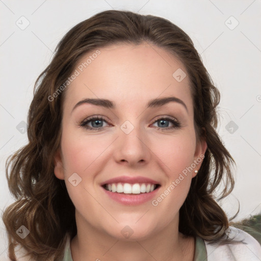 Joyful white young-adult female with medium  brown hair and green eyes