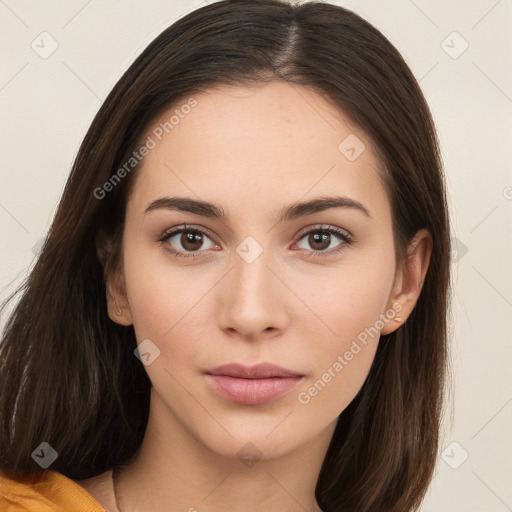 Neutral white young-adult female with long  brown hair and brown eyes