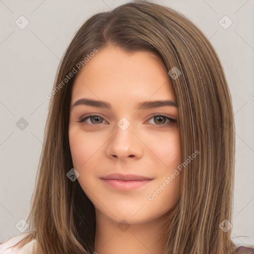 Neutral white young-adult female with long  brown hair and brown eyes