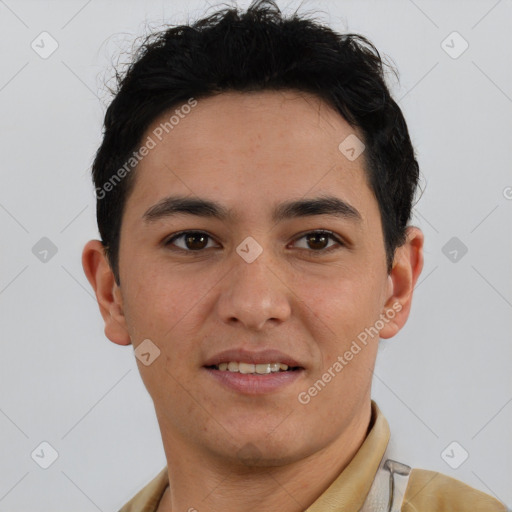 Joyful latino young-adult male with short  brown hair and brown eyes