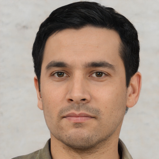 Neutral asian young-adult male with short  black hair and brown eyes