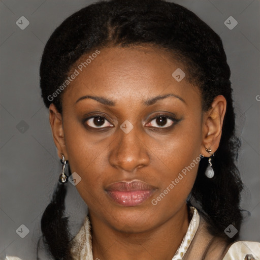 Joyful black young-adult female with long  brown hair and brown eyes