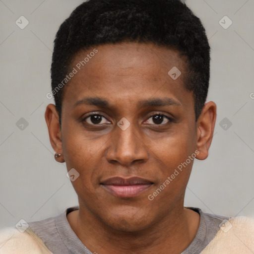 Joyful black young-adult male with short  black hair and brown eyes