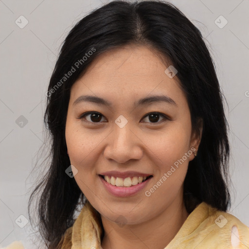 Joyful asian young-adult female with medium  brown hair and brown eyes