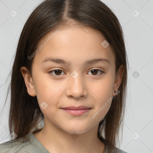 Joyful white child female with medium  brown hair and brown eyes