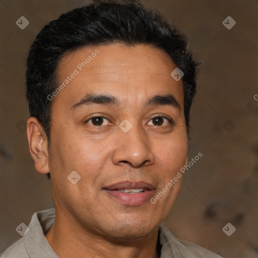 Joyful white adult male with short  brown hair and brown eyes