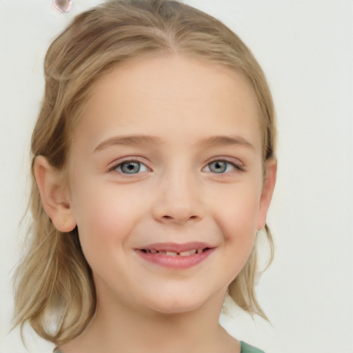 Joyful white child female with medium  brown hair and blue eyes