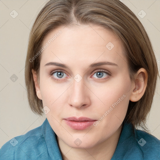 Neutral white young-adult female with medium  brown hair and blue eyes