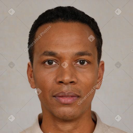 Neutral black young-adult male with short  black hair and brown eyes