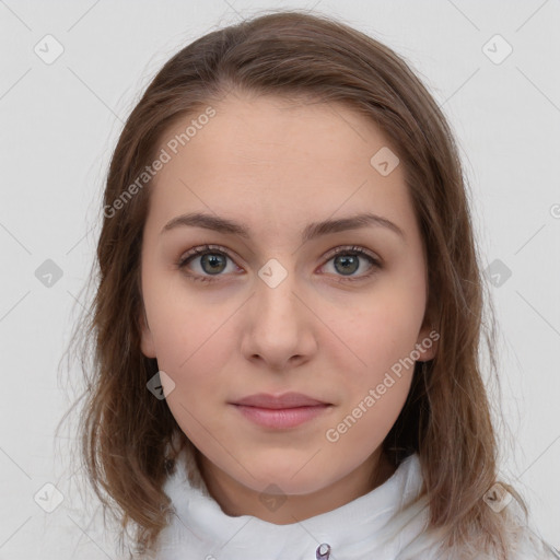 Neutral white young-adult female with medium  brown hair and brown eyes