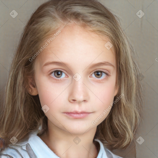 Neutral white child female with medium  brown hair and grey eyes