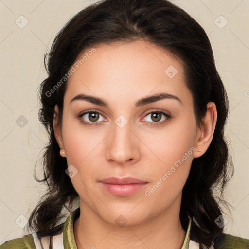 Neutral white young-adult female with medium  brown hair and brown eyes