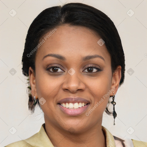 Joyful black young-adult female with medium  brown hair and brown eyes