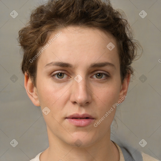 Neutral white young-adult female with short  brown hair and brown eyes