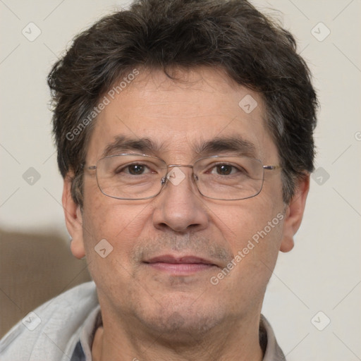 Joyful white middle-aged male with short  brown hair and brown eyes