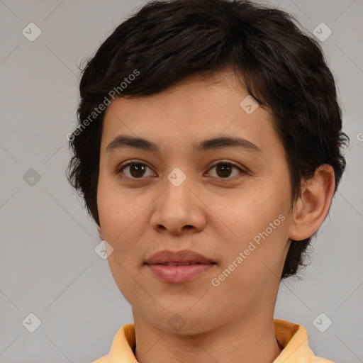 Joyful white young-adult female with medium  brown hair and brown eyes