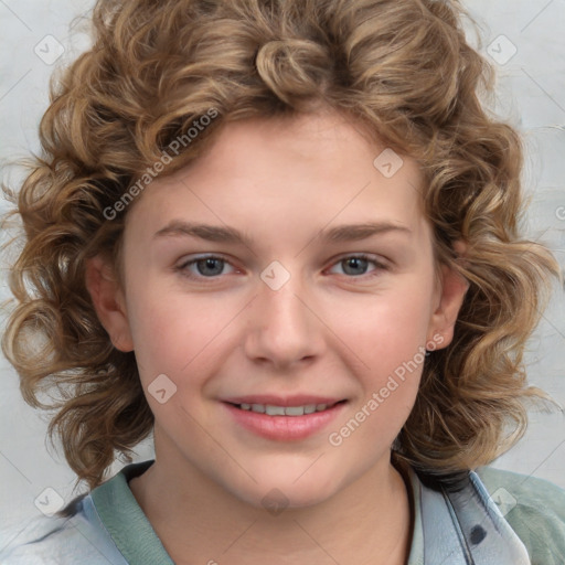 Joyful white child female with medium  brown hair and brown eyes