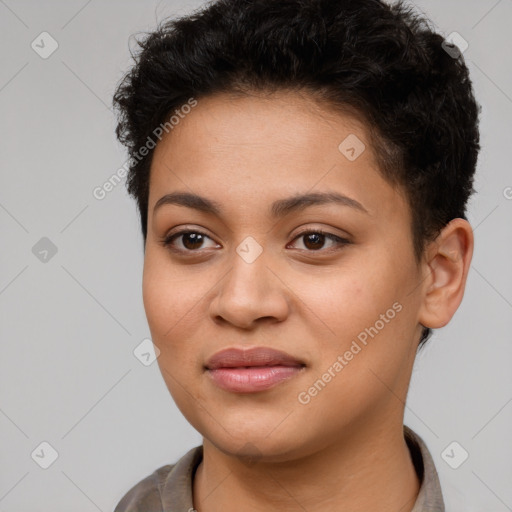 Joyful latino young-adult female with short  brown hair and brown eyes